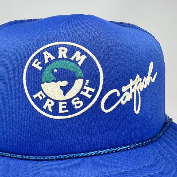 Vtg San Sun Farm Fresh Catfish Snapback Trucker Mesh Hat Blue Turquoise - Picture 3 of 12